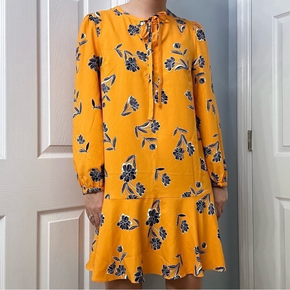 Draper James Dress Long Sleeve Yellow Modest Ruffle Floral Preppy Size Small